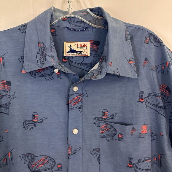 HUK Men's Fishing Shirt LARGE Short Sleeve Button Down Americookin Kona Blue - Picture 3 of 7